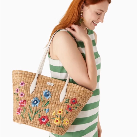 Kate Spade New York Garden Bouquet Floral Embroidered Large Straw Tote Bag, used - Picture 1 of 10